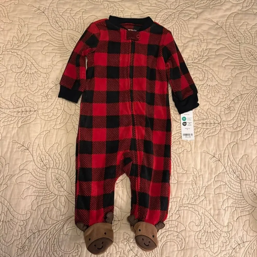 NWT Carter’s red black checked‎ moose footie
